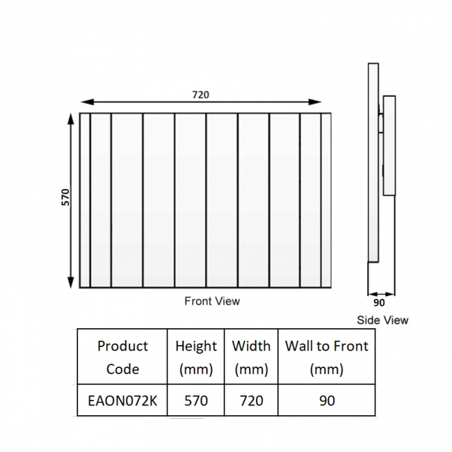 Reina Aron Die Cast Electric Horizontal Aluminium Radiator 570mm H x 720mm W - Black  | Dimension Image