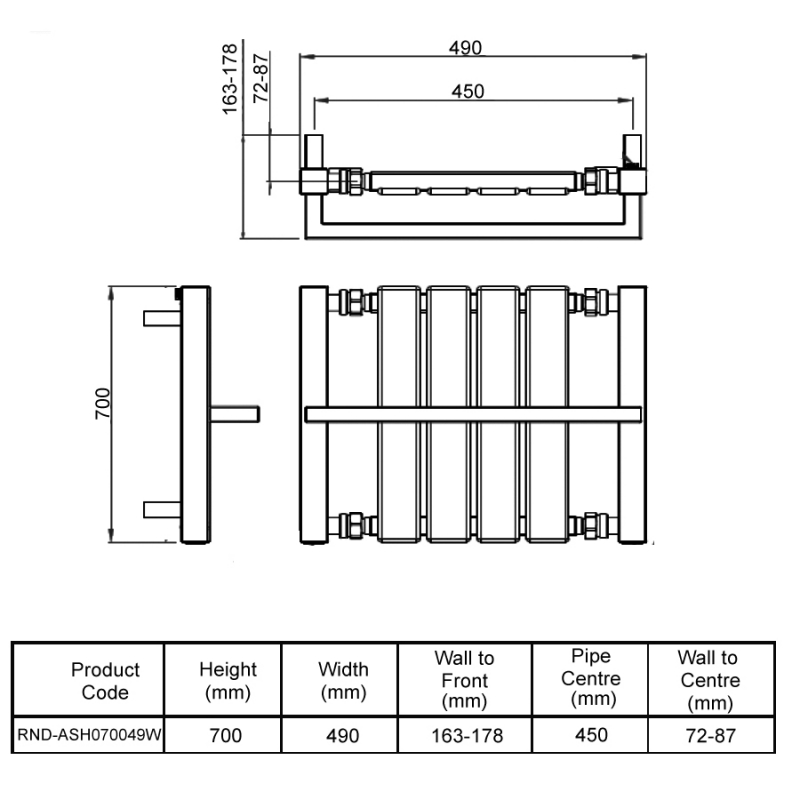 Reina Ashen Designer Radiator Towel Rail 700mm H x 490mm W - White  | Dimension Image
