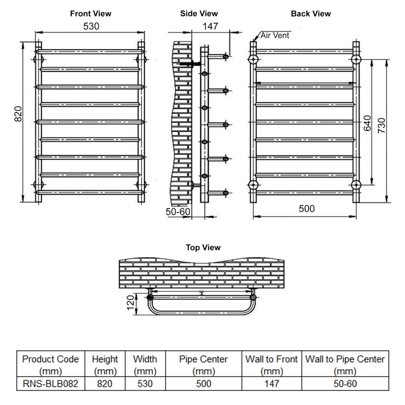Reina Belbo Designer Heated Towel Rail 820mm H x 530mm W Polished Stainless Steel  | Dimension Image