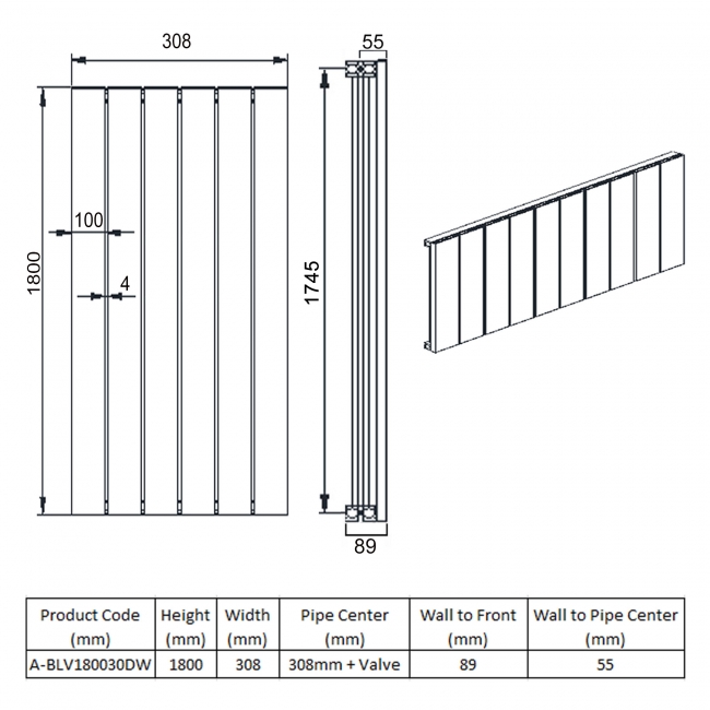 Reina Belva Double Vertical Aluminium Radiator 1800mm H x 308mm W White
