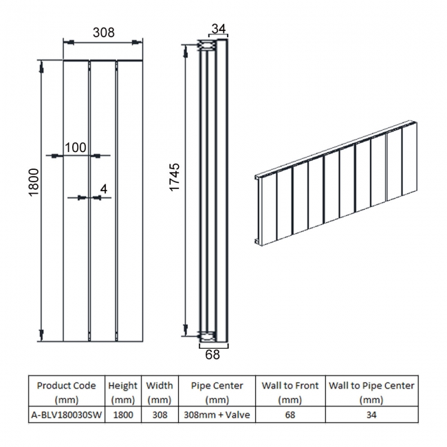 Reina Belva Single Vertical Aluminium Radiator 1800mm H x 308mm W Anthracite