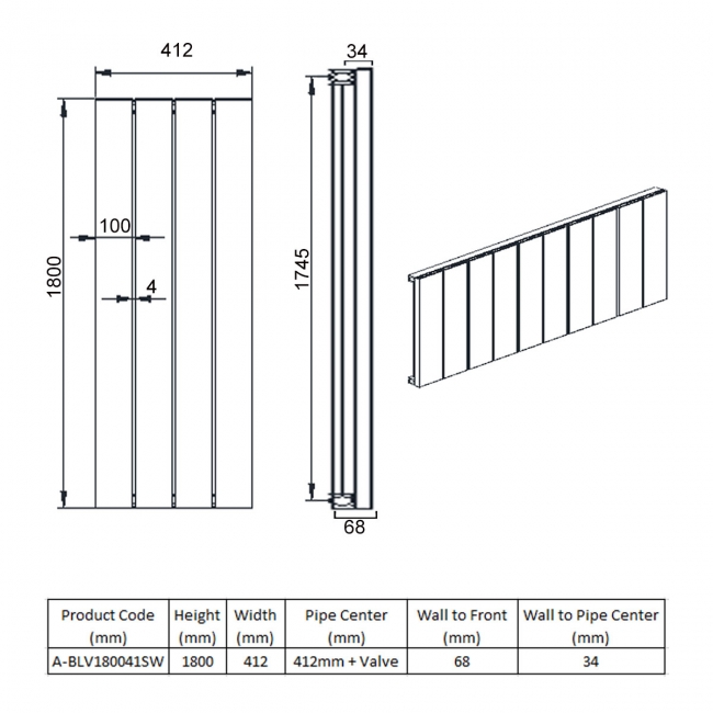 Reina Belva Single Vertical Aluminium Radiator 1800mm H x 412mm W White