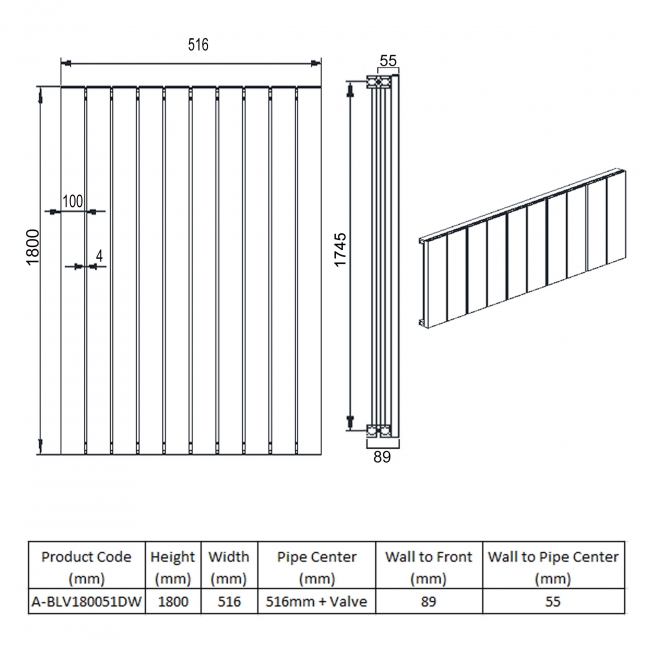 Reina Belva Double Vertical Aluminium Radiator 1800mm H x 516mm W White