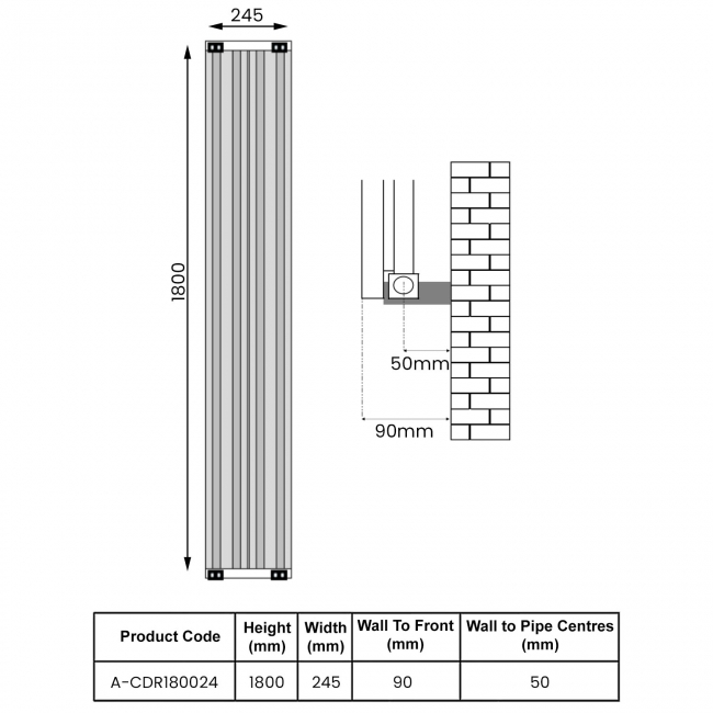Reina Caldaro Single Vertical Aluminium Radiator 1800mm H x 245mm W - Anthracite  | Dimension Image