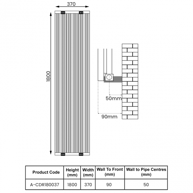 Reina Caldaro Single Vertical Aluminium Radiator 1800mm H x 370mm W - White  | Dimension Image