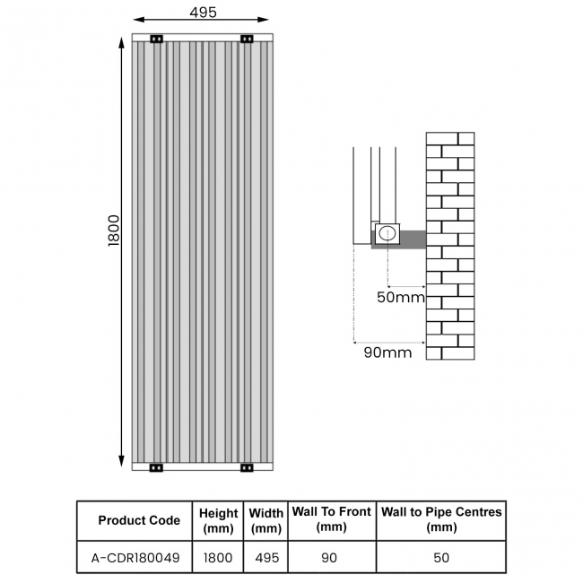 Reina Caldaro Single Vertical Aluminium Radiator 1800mm H x 495mm W - White  | Dimension Image