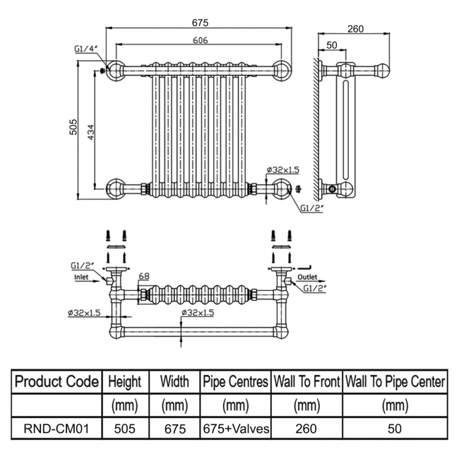 Reina Camden Radiator Heated Towel Rail 505mm H x 675mm W White/Chrome