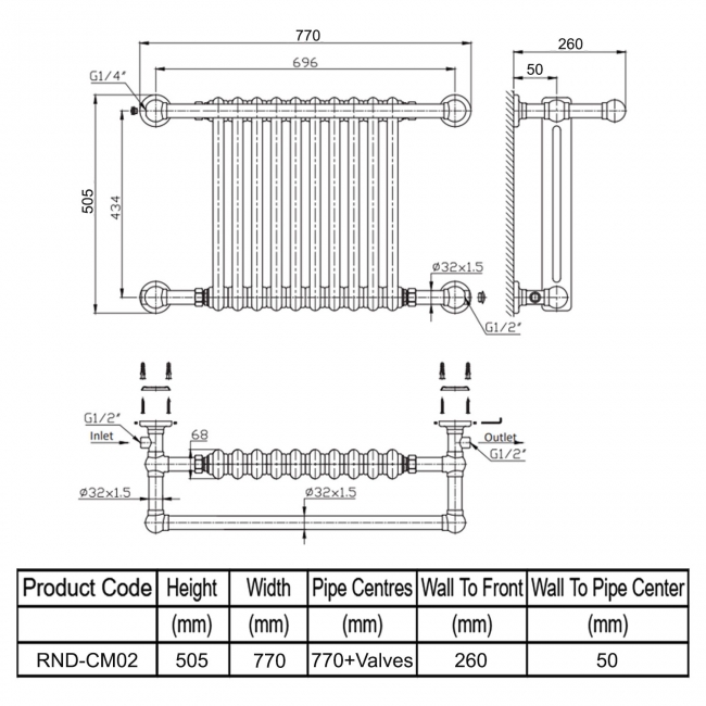 Reina Camden Radiator Heated Towel Rail 505mm H x 770mm W White/Chrome