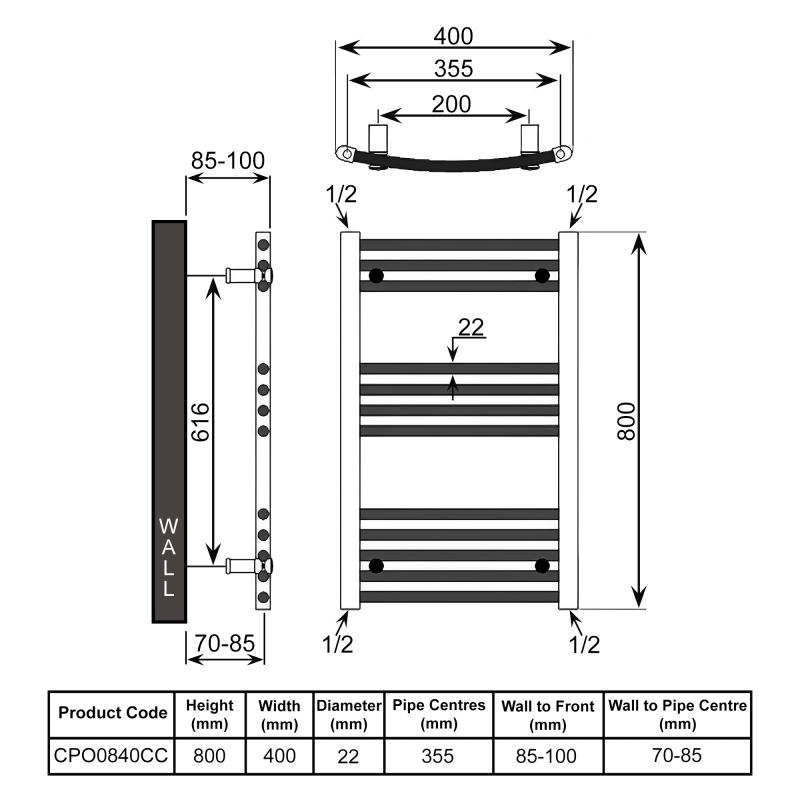 Reina Capo Curved Heated Towel Rail 800mm H x 400mm W Chrome