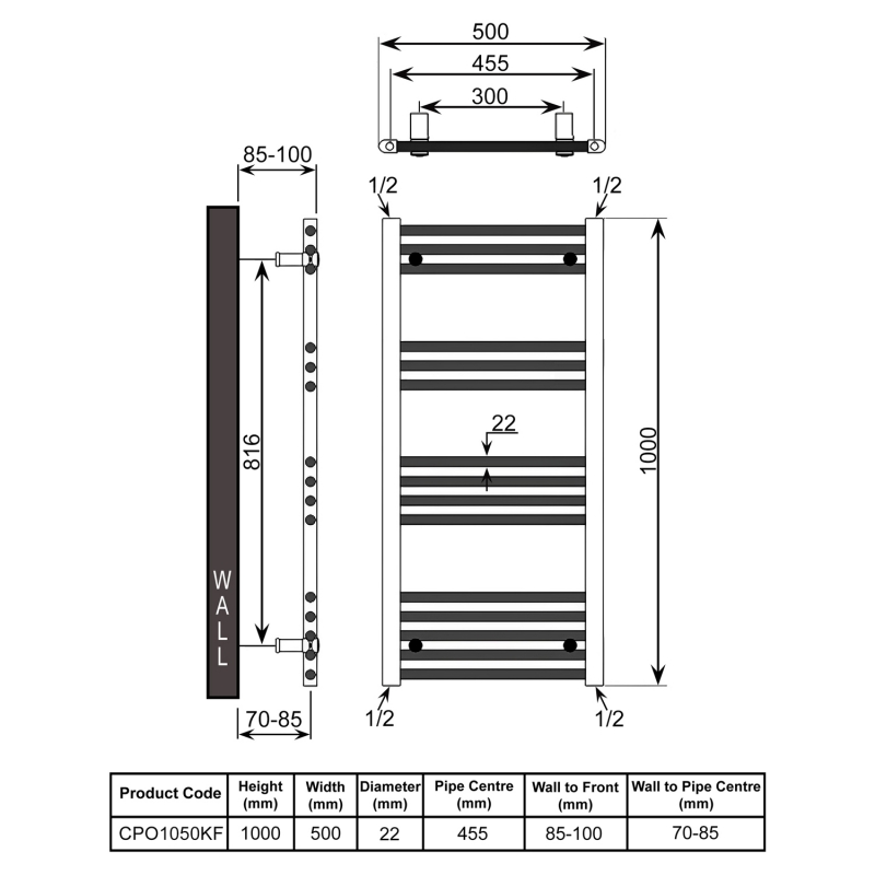 Reina Capo Black Electric Towel Rail 1000mm High x 500mm Wide (+ Black Weekly Program Element)  | Dimension Image