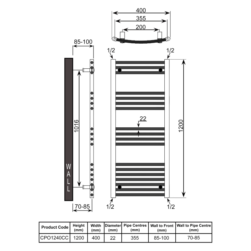 Reina Capo Curved Heated Towel Rail 1200mm H x 400mm W Chrome