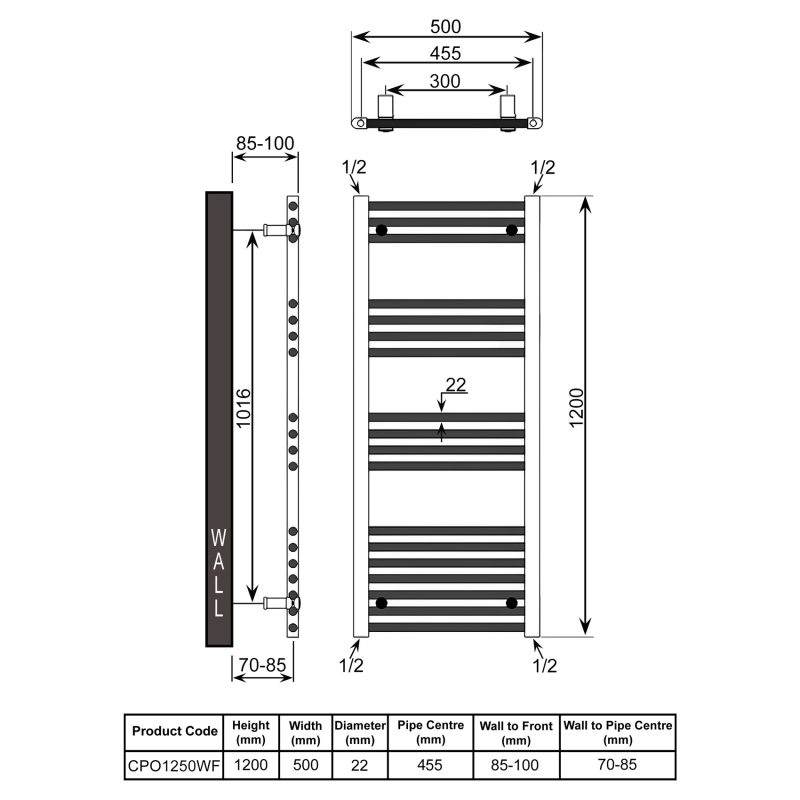 Reina Capo Straight Heated Towel Rail 1200mm H x 500mm W - White  | Dimension Image