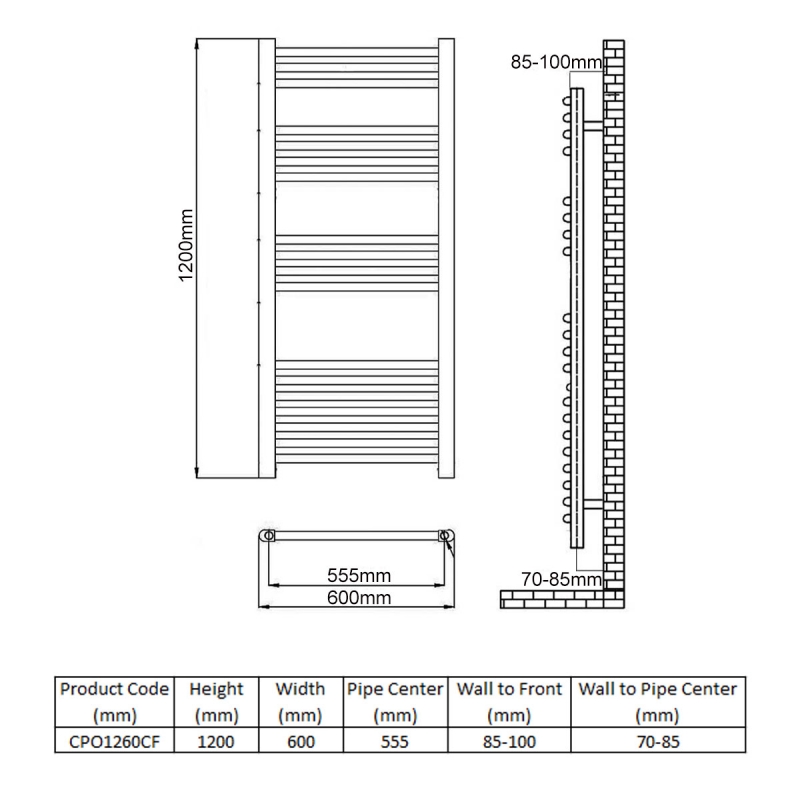 Reina Capo Straight Heated Towel Rail 1200mm H x 600mm W Chrome
