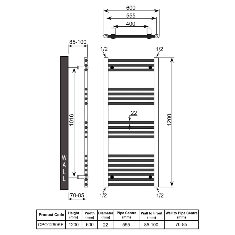 Reina Capo Straight Heated Towel Rail 1200mm H x 600mm W - Black  | Dimension Image