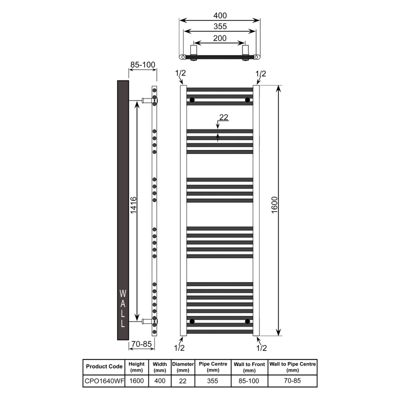 Reina Capo Straight Heated Towel Rail 1600mm H x 400mm W - White  | Dimension Image