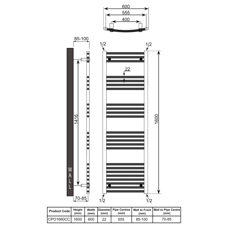 Reina Capo Curved Heated Towel Rail 1600mm H x 600mm W Chrome  | Dimension Image