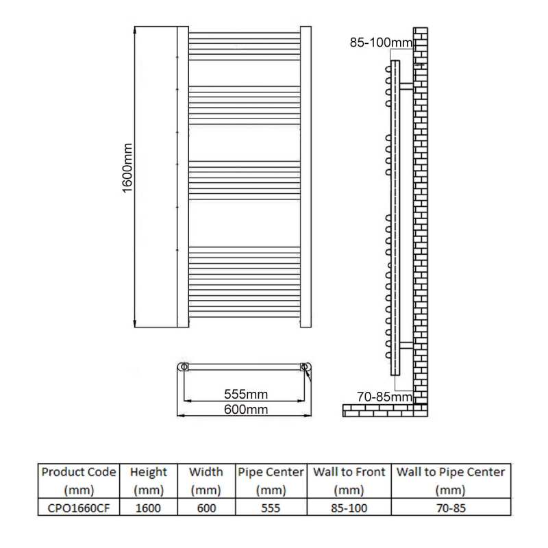 Reina Capo Chrome Electric Towel Rail 1600mm High x 600mm Wide (+ Chrome Weekly Program Element)  | Dimension Image