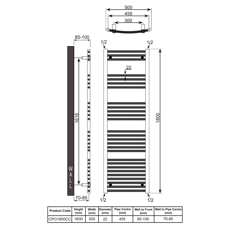 Reina Capo Curved Heated Towel Rail 1800mm H x 500mm W - Chrome  | Dimension Image