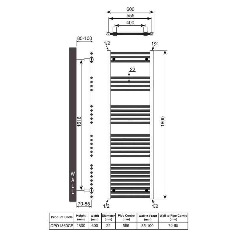 Reina Capo Straight Heated Towel Rail 1800mm H x 600mm W - Chrome  | Dimension Image