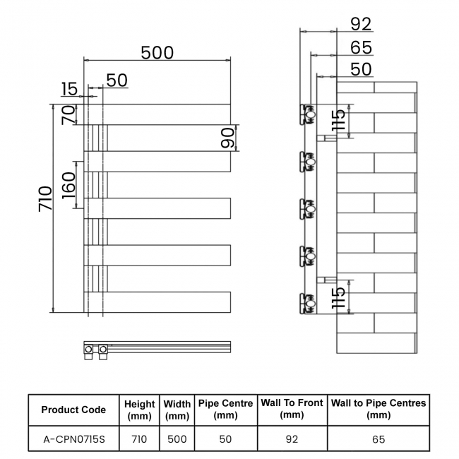 Reina Carpena Flat Panel Heated Towel Rail 710mm H x 500mm W - Anthracite  | Dimension Image