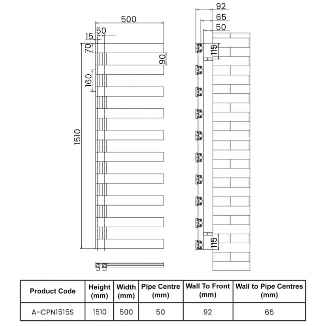 Reina Carpena Flat Panel Heated Towel Rail 1510mm H x 500mm W - Black  | Dimension Image
