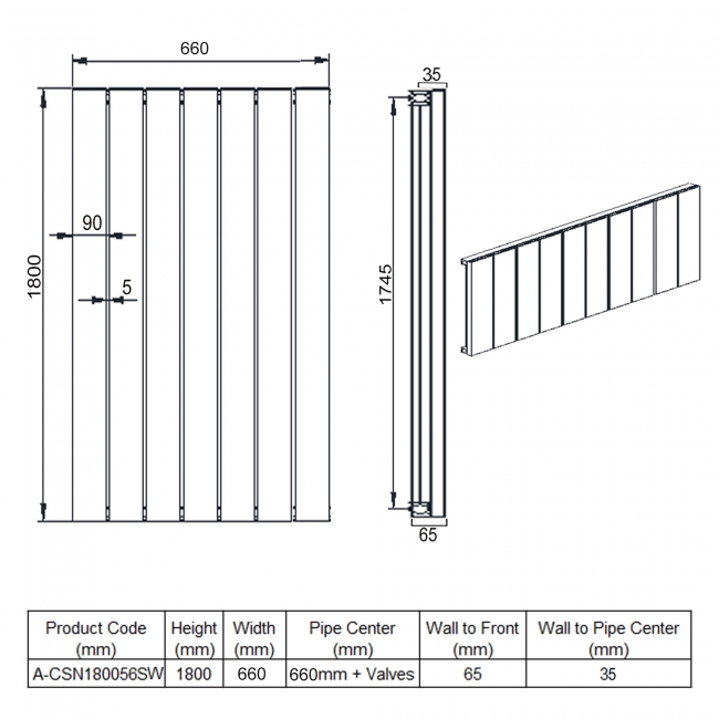 Reina Casina Single Vertical Aluminium Radiator 1800mm H x 660mm W White  | Dimension Image