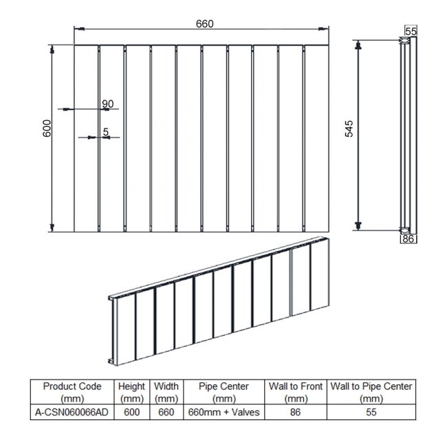 Reina Casina Double Horizontal Aluminium Radiator 600mm H x 660mm W Anthracite  | Dimension Image