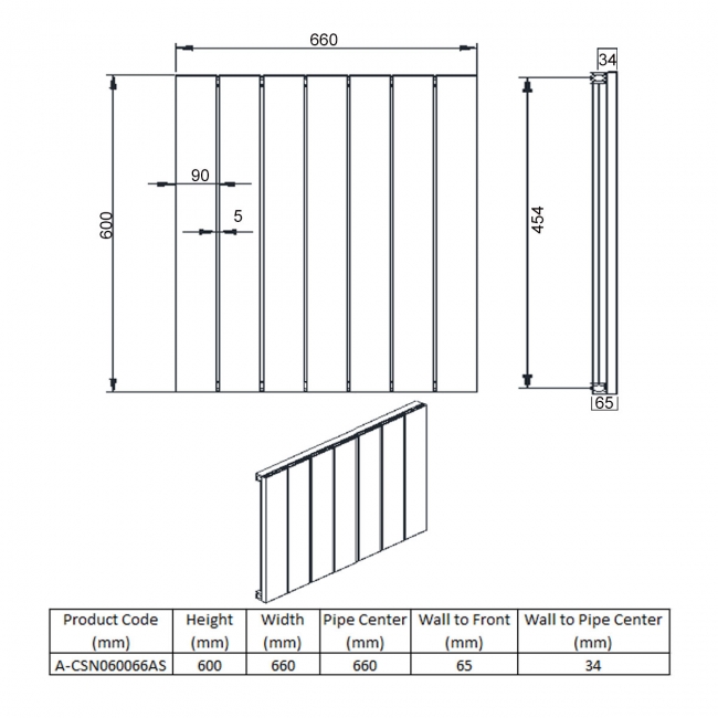 Reina Casina Single Horizontal Aluminium Radiator 600mm H x 660mm W Anthracite  | Dimension Image