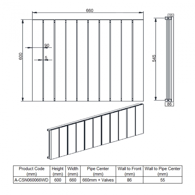 Reina Casina Double Horizontal Aluminium Radiator 600mm H x 660mm W White