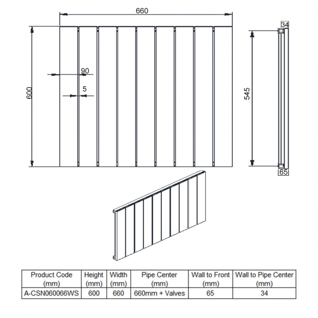 Reina Casina Single Horizontal Aluminium Radiator 600mm H x 660mm W White