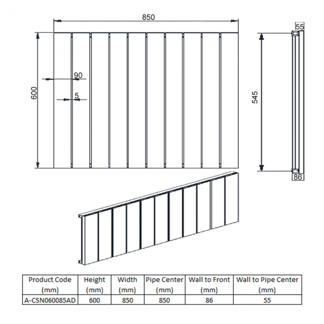 Reina Casina Double Horizontal Aluminium Radiator 600mm H x 850mm W Anthracite