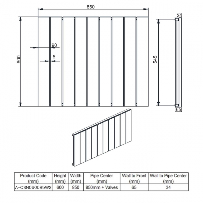 Reina Casina Single Horizontal Aluminium Radiator 600mm H x 850mm W White