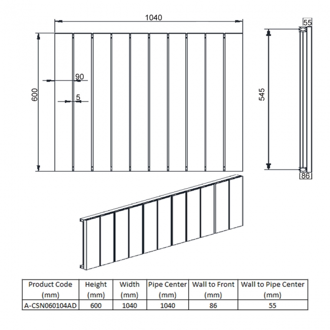 Reina Casina Double Horizontal Aluminium Radiator 600mm H x 1040mm W Anthracite  | Dimension Image