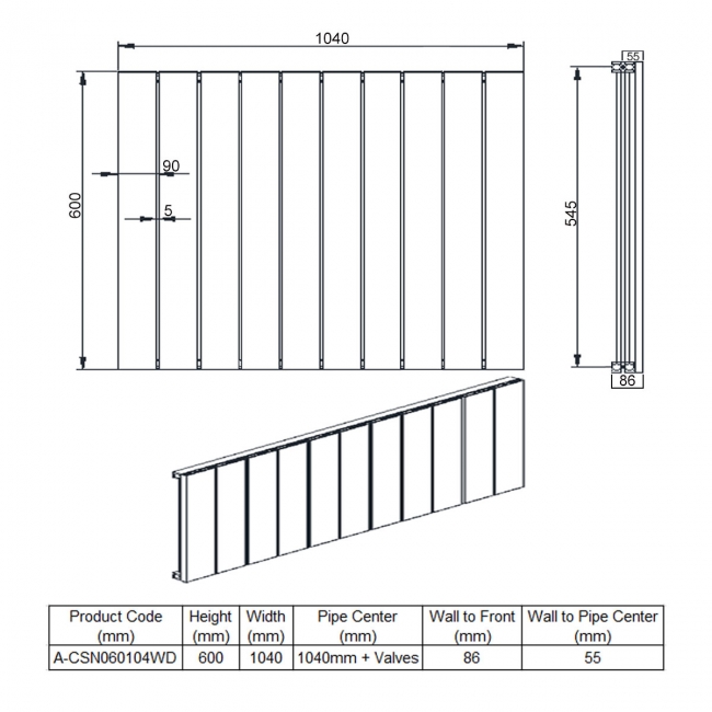 Reina Casina Double Horizontal Aluminium Radiator 600mm H x 1040mm W White