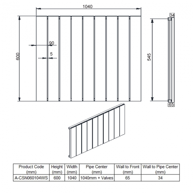 Reina Casina Single Horizontal Aluminium Radiator 600mm H x 1040mm W White