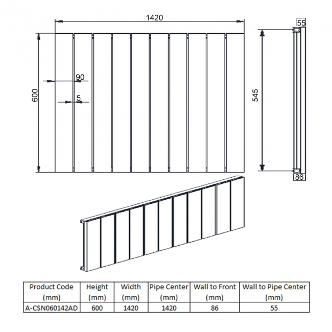 Reina Casina Double Horizontal Aluminium Radiator 600mm H x 1420mm W Anthracite