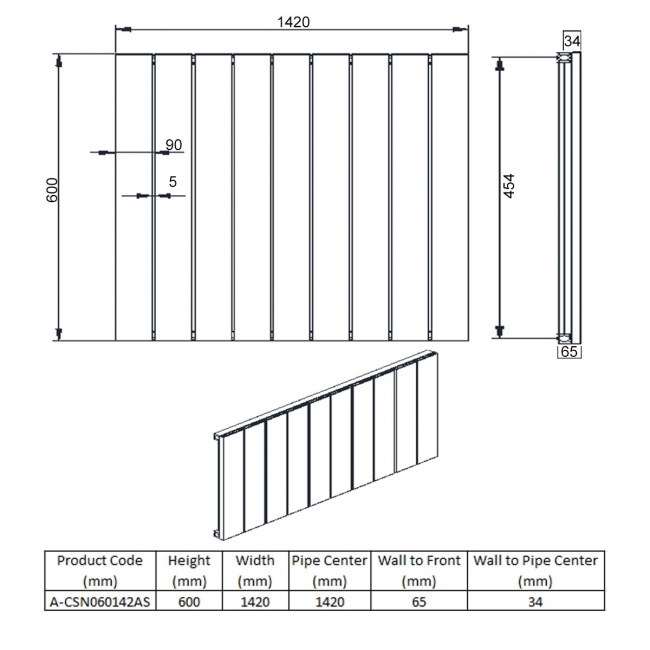 Reina Casina Single Horizontal Aluminium Radiator 600mm H x 1420mm W Anthracite  | Dimension Image