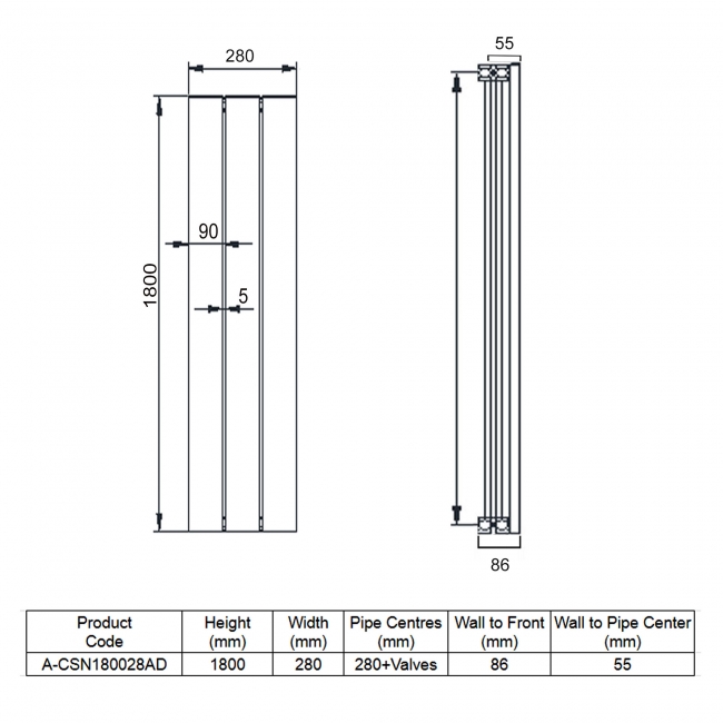 Reina Casina Double Vertical Aluminium Radiator 1800mm H x 280mm W Anthracite