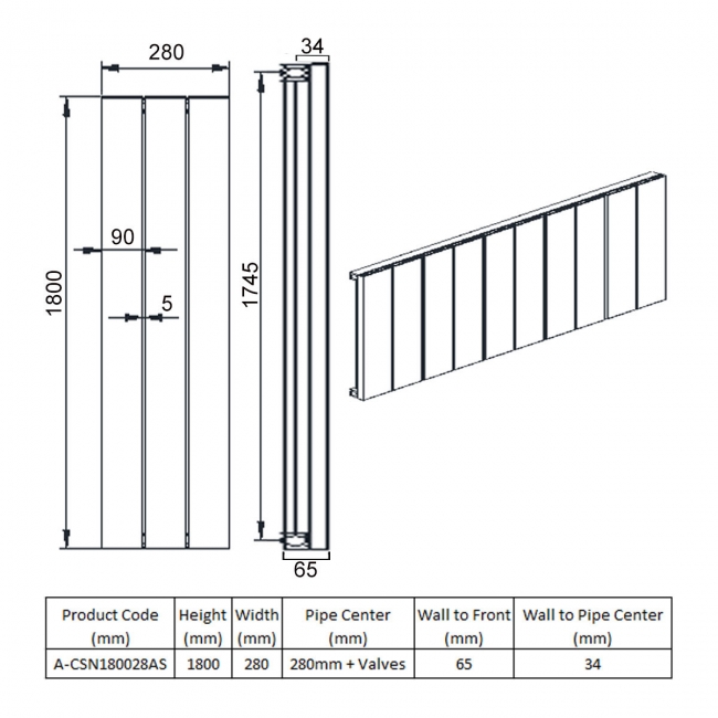 Reina Casina Single Vertical Aluminium Radiator 1800mm H x 280mm W Anthracite