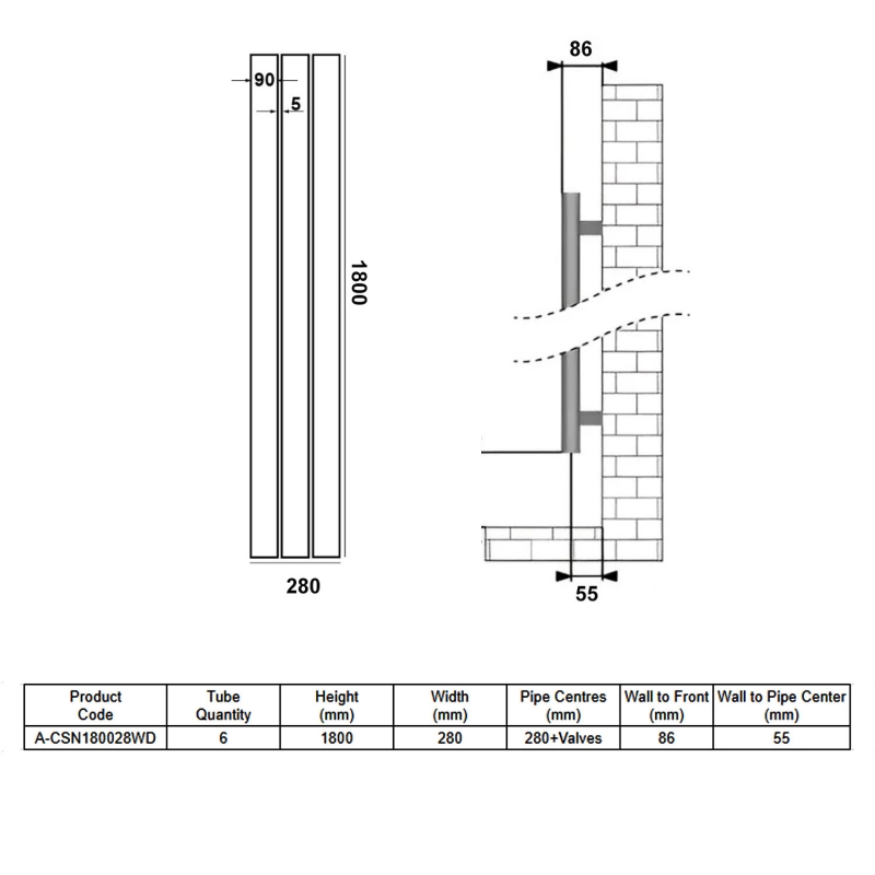 Reina Casina Double Vertical Aluminium Radiator 1800mm H x 280mm W - White