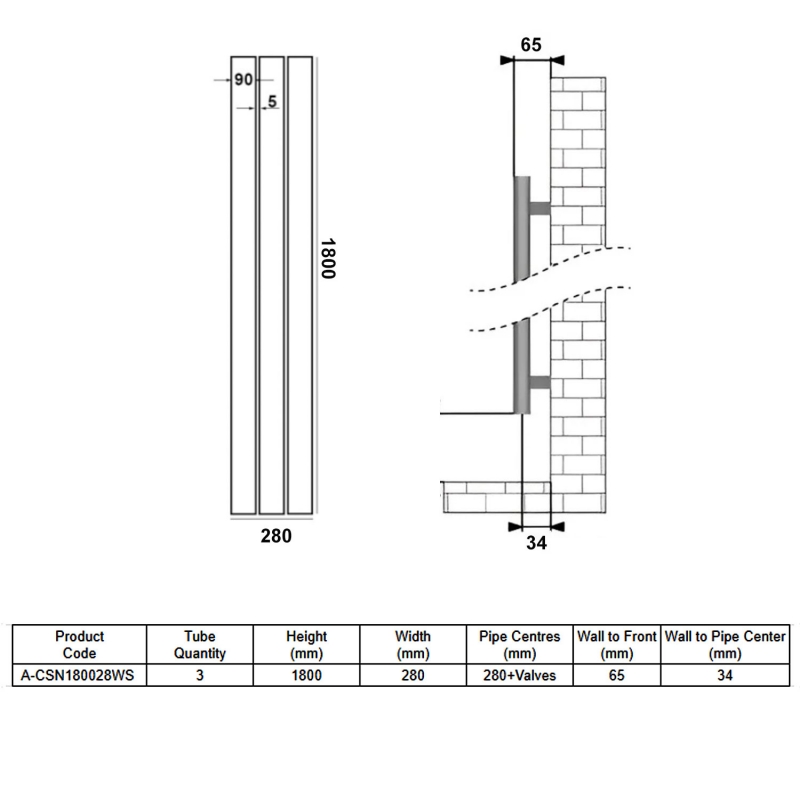 Reina Casina Single Vertical Aluminium Radiator 1800mm H x 280mm W - White