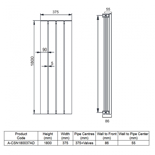 Reina Casina Double Vertical Aluminium Radiator 1800mm H x 375mm W Anthracite  | Dimension Image