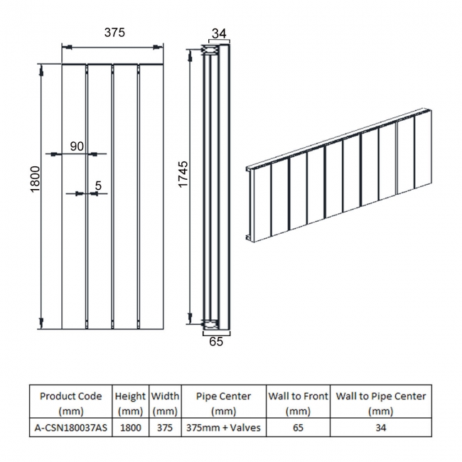 Reina Casina Single Vertical Aluminium Radiator 1800mm H x 375mm W Anthracite