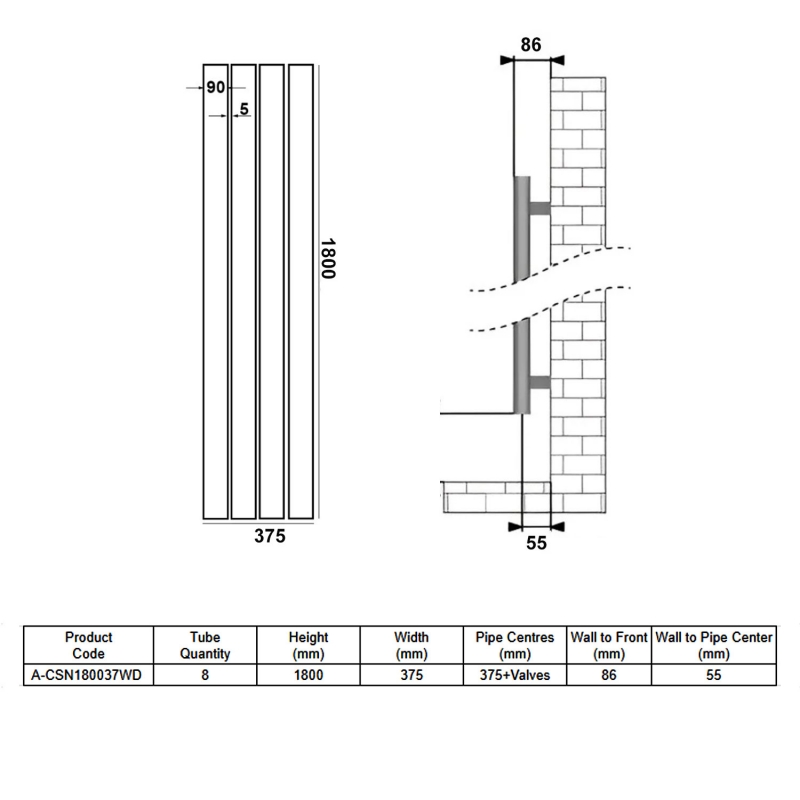 Reina Casina Double Vertical Aluminium Radiator 1800mm H x 375mm W - White