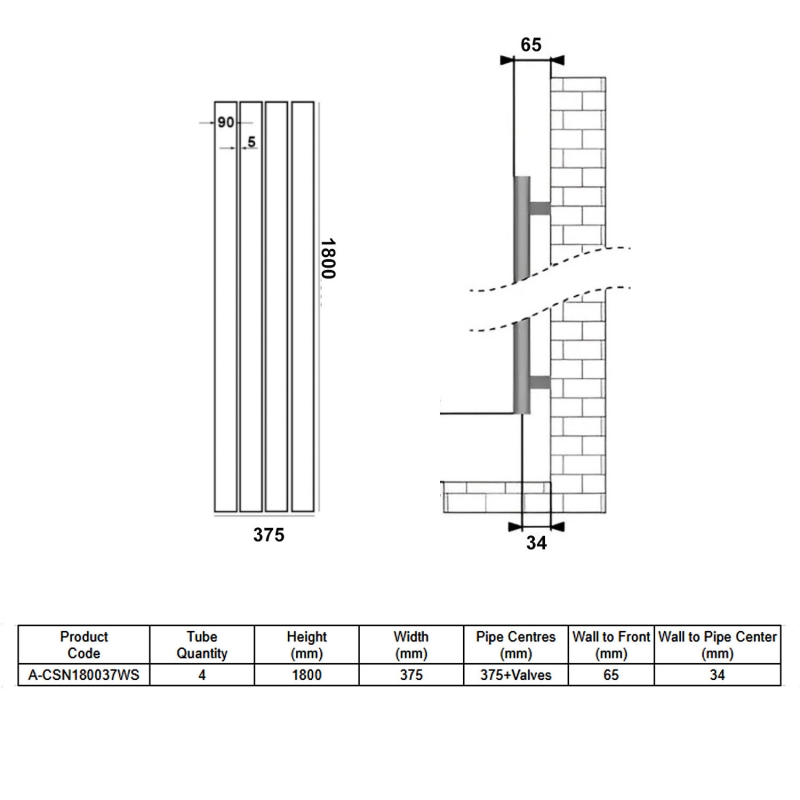 Reina Casina Single Vertical Aluminium Radiator 1800mm H x 375mm W - White