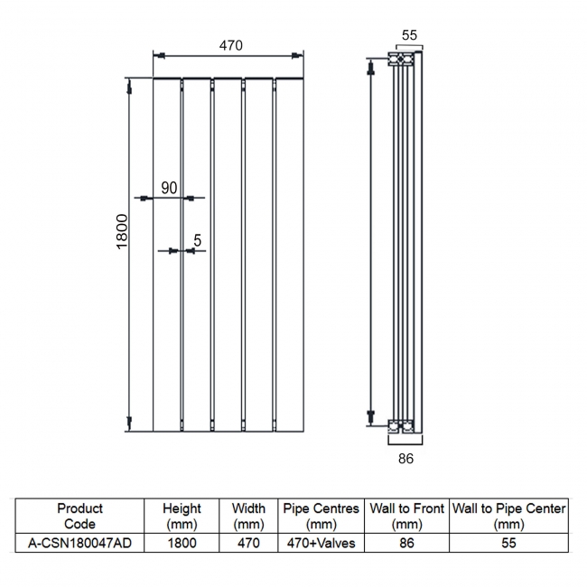 Reina Casina Double Vertical Aluminium Radiator 1800mm H x 470mm W Anthracite