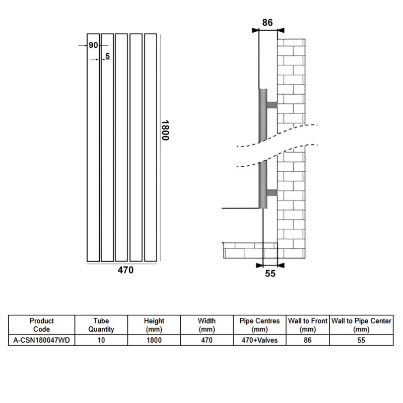 Reina Casina Double Vertical Aluminium Radiator 1800mm H x 470mm W - White