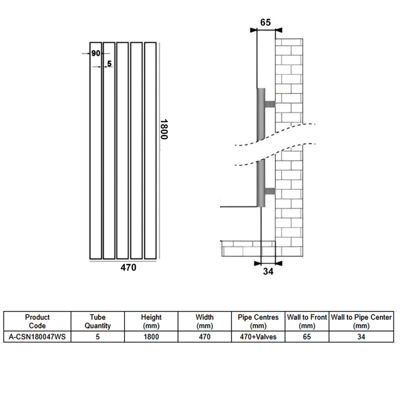 Reina Casina Single Vertical Aluminium Radiator 1800mm H x 470mm W - White