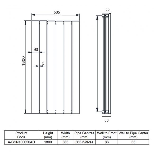 Reina Casina Double Vertical Aluminium Radiator 1800mm H x 565mm W Anthracite