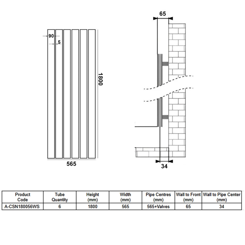 Reina Casina Single Vertical Aluminium Radiator 1800mm H x 565mm W - White